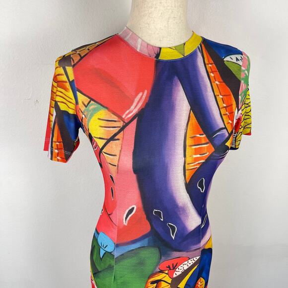 Stella Jean Short Sleeved Midi Dress Corta Colorful Print Stretch Womens 40 US 4 - Picture 5 of 16